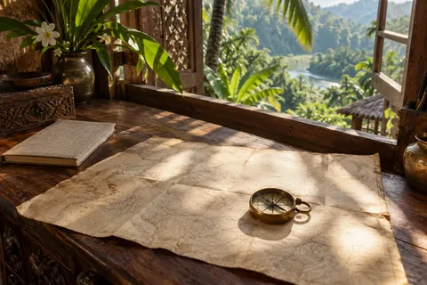 A field notebook and brass compass beside a tropical window