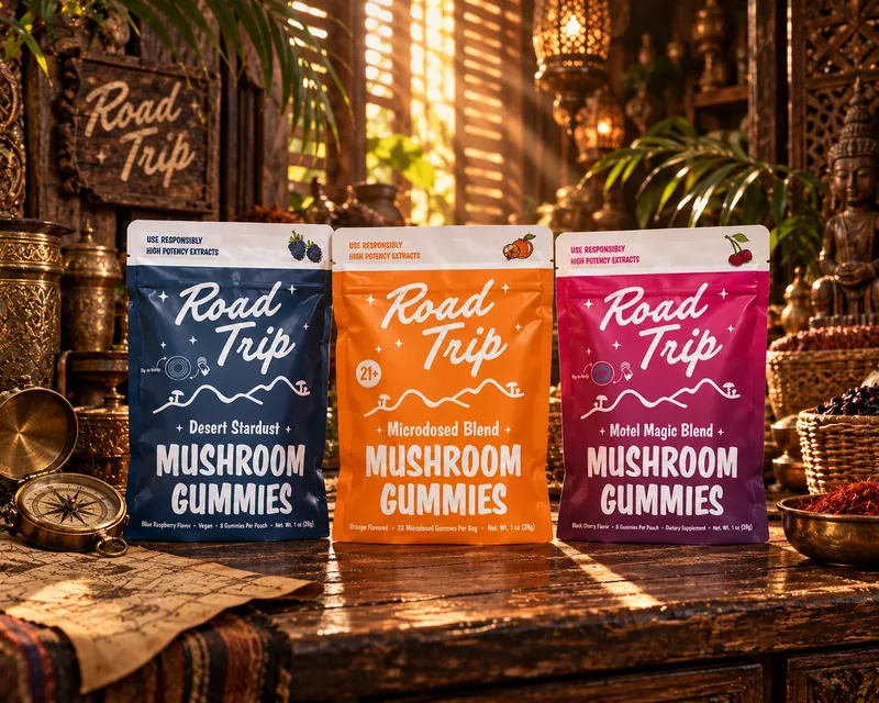 Road Trip pouches on a teak counter in a warm botanical trading shop