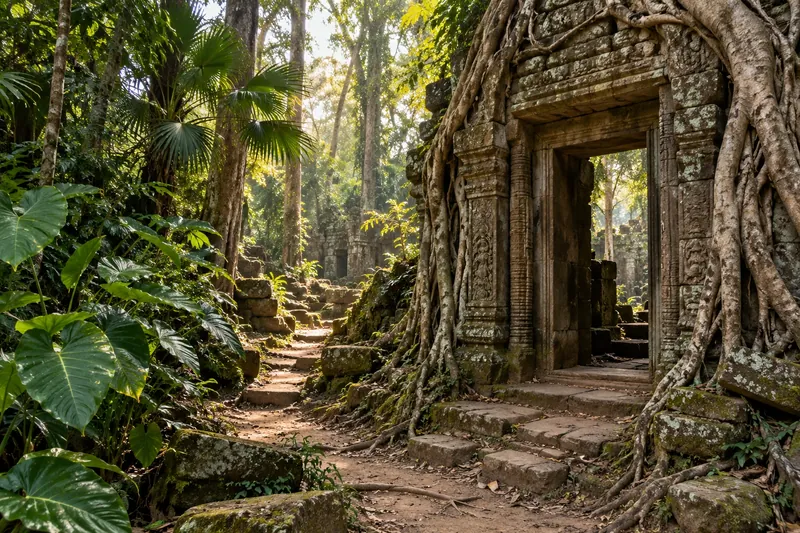 Sunlit path through tropical foliage and ancient Khmer sandstone architecture